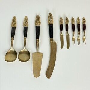 Vintage 9pc Samran Thailand Bronze Wood Serving Set Cake, Spoons, Appetizers 60s